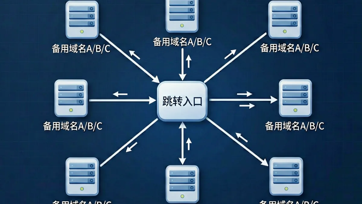 草榴永久域名科普示意图，展示域名跳转与备用域名切换的网络拓扑关系