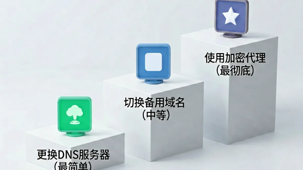 草榴永久域名 - 访问连续性三层解决方案示意图，分别展示更换DNS、切换备用域名、使用加密代理的技术路径