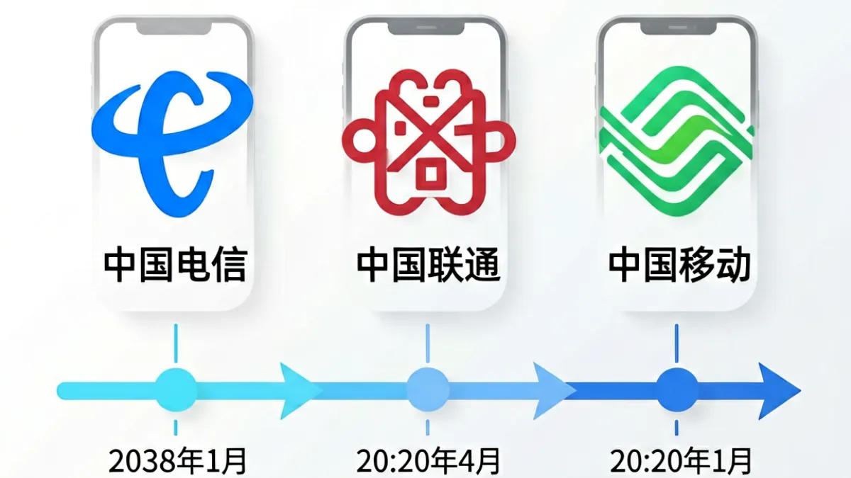 三大运营商网络图标对比排列，说明草榴永久域名在不同运营商下封锁时间存在差异